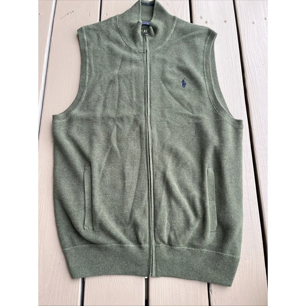 POLO Ralph Lauren Men's Knit Sweater Vest Full Zipper Cotton Green Size Large